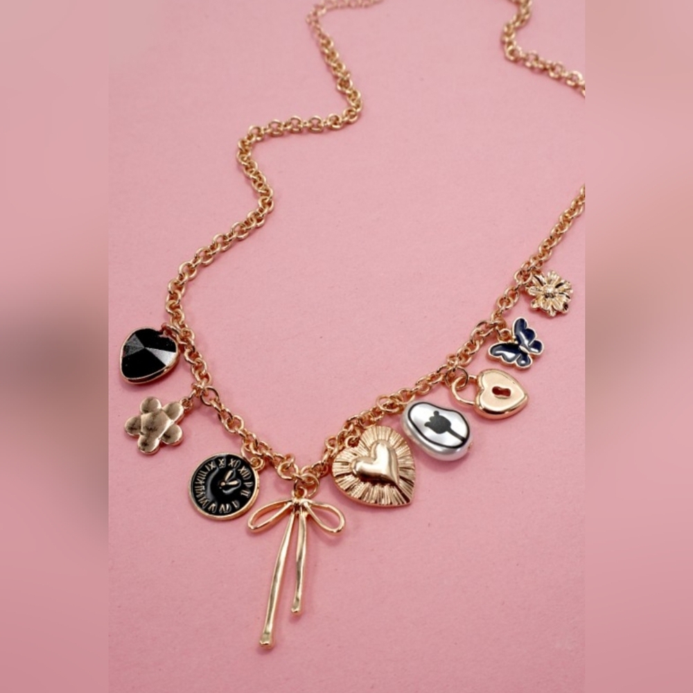 Charm Necklace-heart Clock Bow Lock Charms